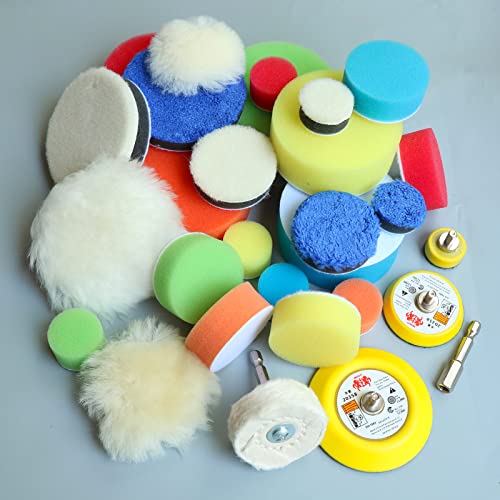 30pcs Drill Polishing Kit Car Detail Buffing Wheel with M6 Thread Backing Plate & 1/4” Hexagonal Shank,Car Sanding Polishing Waxing Pad for Drill and Mini Air Sander