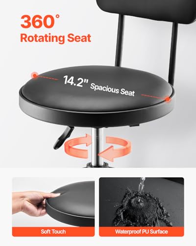 VEVOR Shop Stool with Backrest, Pneumatic Garage Seat/Work Stool with 300 lbs Capacity, Adjustable Height Roller Creeper Seat, 360° Swivel Padded, for Garage, Shop & Auto Repair, Black - style: with Backrest-no Casters
