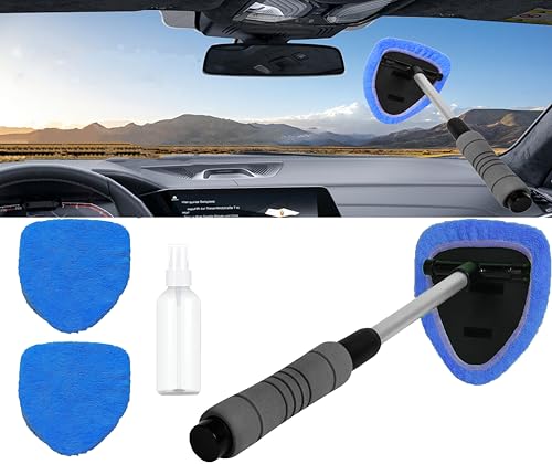 Car Windshield Cleaner Tool with Reusable Microfiber Pads Extendable Handle(1, Blue) - color: Blue