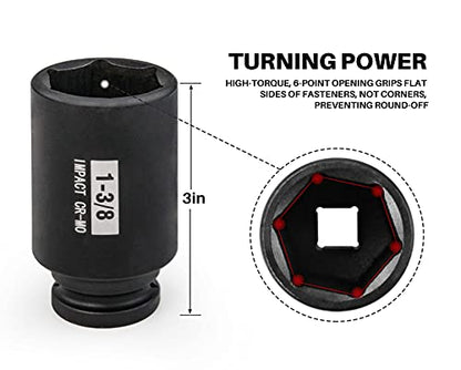 7Pcs 1/2" Drive Deep 6-Point Impact Socket Set/Spindle Nut Impact Socket Set, Inch, Cr-Mo,1-3/8-Inch - 1-3/4-Inch - size: 7PC