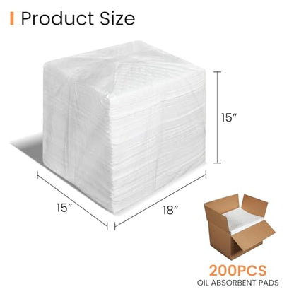 Smaafit 15"x18" Oil Absorbent Pads 200 Pack - Heavyweight Polypropylene Mats for Garage Floor & Marine, 24oz/Pad, 30 Gal Total, Tear-Resistant, Floatable