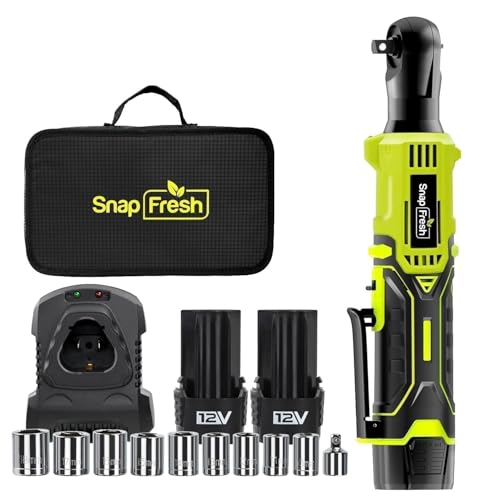 SnapFresh 12V Electric Ratchet Cordless, 3/8" with 9 Socks & 1/4" Adapter | UL Certificated Battery & Charger, 55Ft-lbs Torque,0-220RPM Speed Control, 2 Battery, 50-min Runtime, Cordless Ratchet Wrench