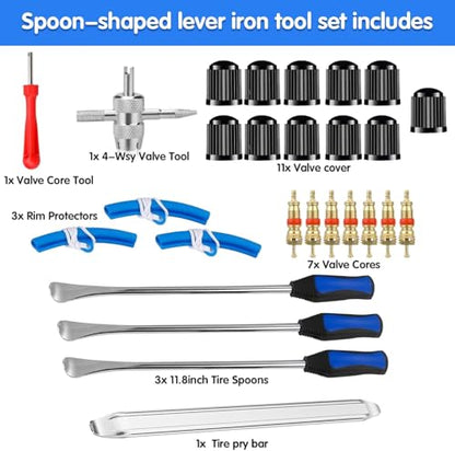 27-Piece Tire Change Tool Kit for Motorcycle, ATV, Lawn Tractor, Bicycle, Scooter, Car - Blue with Tire Spoons, Rim Protector, Valve Tools & Storage Bag