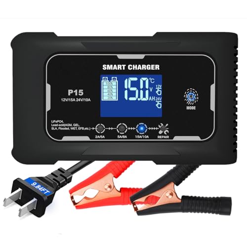 Car Battery Charger, 12V/24V 15A Lead-Acid LiFePO4 Smart Battery Charger | Fast Battery Charger for Lead-Acid(AGM/Gel/SLA/EFB) and LiFePO4, Trickle Charger Maintainer for Car, Motorcycle and More