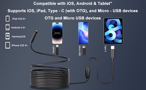 Endoscope Camera with Light, 1920P HD Borescope, 8 Adjustable LED Light, IP67 Waterproof 16.4ft Snake Camera, Semi-Rigid Cable Inspection for Android, iOS - style: Single camera