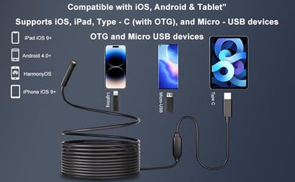 Endoscope Camera with Light, 1920P HD Borescope, 8 Adjustable LED Light, IP67 Waterproof 16.4ft Snake Camera, Semi-Rigid Cable Inspection for Android, iOS - style: Single camera