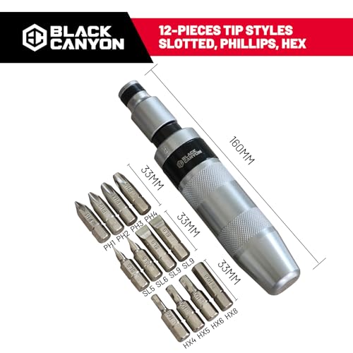 BLACK CANYON Manual Impact Screwdriver Set, Heavy Duty Hand Impact Driver with 12 S2 Steel Bits, Reversible Impact Screwdriver for Rusted, Stubborn & Seized Screws, Motorcycle Repair Tool Kit