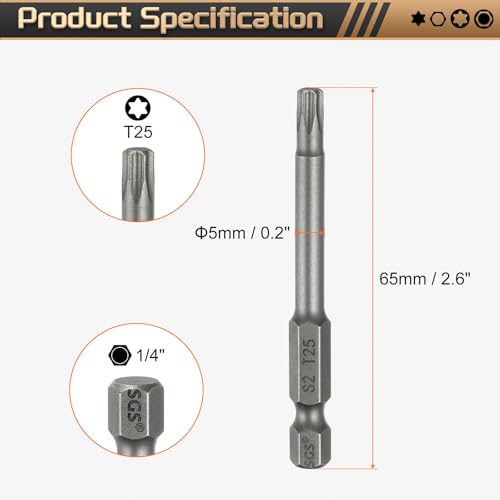 HARFINGTON 3pcs T25 Torx Head Screwdriver Bit 1/4" Hex Shank 2.6" (65mm) Long Magnetic No Hole Tip Tamper Proof 6 Point Star Screw Driver Drill Bits S2 Steel Industrial Power Screwdrivers - size: T25 x 2.6"(65mm)