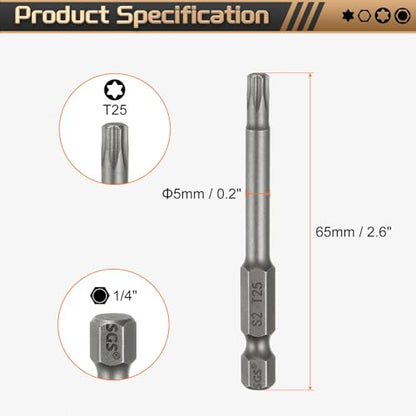 HARFINGTON 3pcs T25 Torx Head Screwdriver Bit 1/4" Hex Shank 2.6" (65mm) Long Magnetic No Hole Tip Tamper Proof 6 Point Star Screw Driver Drill Bits S2 Steel Industrial Power Screwdrivers - size: T25 x 2.6"(65mm)