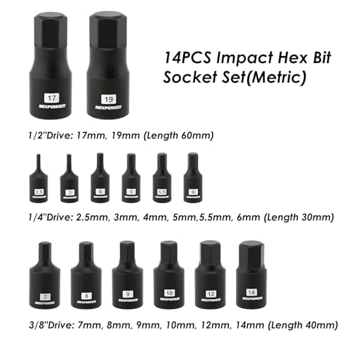MIXPOWER 14-Piece Dr. Bit Socket Set, 2.5mm to 19mm, 1/4", 3/8" and 1/2" Drive, Cr-Mo Impact Grade, Metric, Hex Bit Socket - size: Metric