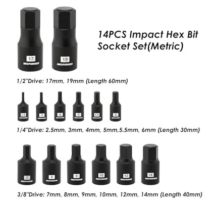 MIXPOWER 14-Piece Dr. Bit Socket Set, 2.5mm to 19mm, 1/4", 3/8" and 1/2" Drive, Cr-Mo Impact Grade, Metric, Hex Bit Socket - size: Metric