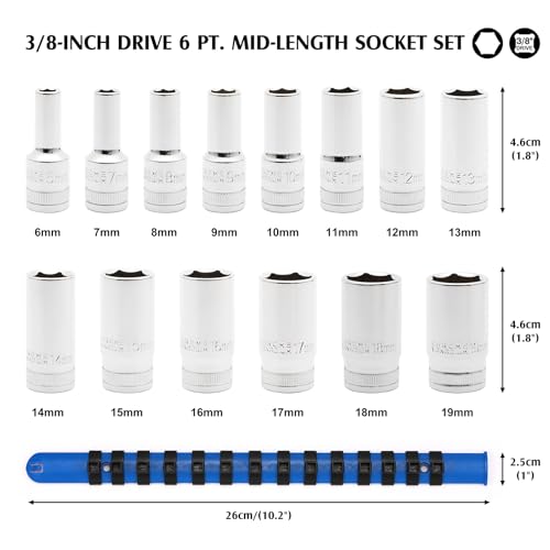 MIXPOWER 3/8" Drive Mid-Length Socket Set with Storage Rails, 14-Piece, 6 Point, 6-19mm, CR-V, Metric, Semi-Deep Socket Set - size: 3/8" Dr. Mid-Length, 6-19mm