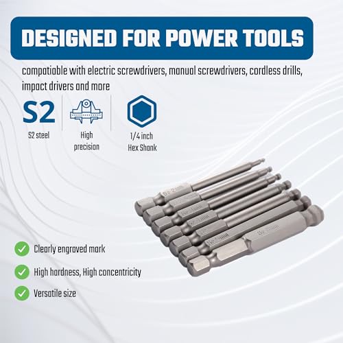 VESTTIO Ball End Hex Head Metric Allen Wrench Drill Screwdriver Bit Set 7PCS 1/4 Inch Hex Shank 2.56 Inch/65 mm Length S2 Steel with Magnetic for Power Screwdriver Drill Impact Driver - size: 7 BALL / 2.56 inch