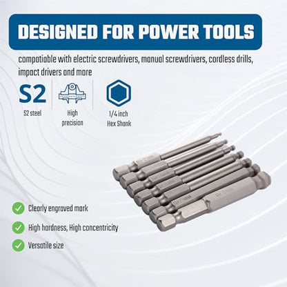 VESTTIO Ball End Hex Head Metric Allen Wrench Drill Screwdriver Bit Set 7PCS 1/4 Inch Hex Shank 2.56 Inch/65 mm Length S2 Steel with Magnetic for Power Screwdriver Drill Impact Driver - size: 7 BALL / 2.56 inch