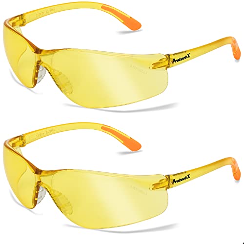 ProtectX Safety Glasses for Men & Women, Safety Sunglasses with Anti-Fog Scratch Resistant Lenses, Non-Slip Grips, ANSI Z87.1 - color: Olympus Amber 2 Pk