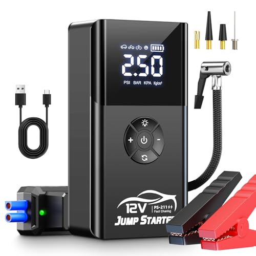 Jump Starter with Air Compressor, 8000A 180PSI, Portable Car Battery Jump Starter (All Gas/12L Diesel) 12V Automobile Jump Box Pack Chargers with Jumper Cables, 4-Mode LED Lights - color: black