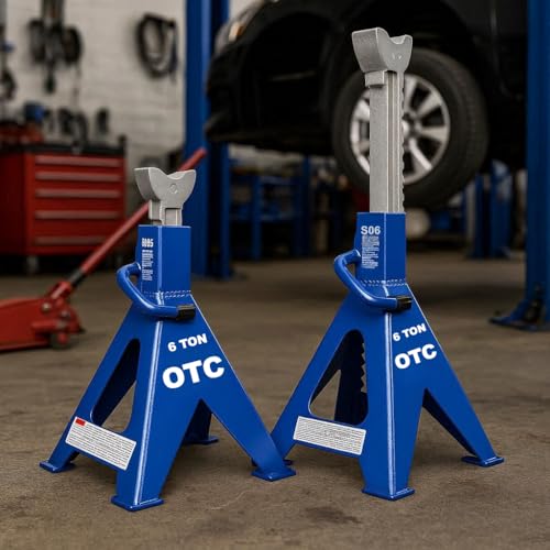 OTC S06 6-Ton Jack Stands - 15-5/8" to 23-11/16" Min/Max Height; Set of 2 | Formed & Welded, High-Strength Steel Stands with Self Locking Ratchet Handle, 11-Tooth Ratcheting, 1.2"x 4.2" V-Notch Saddle - size: 6-Ton