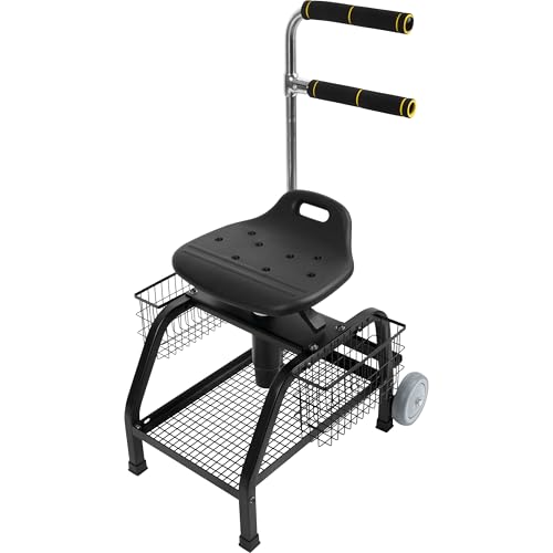 Strong Hand Tools Adjustable Height Swivel Mechanics Seat, Two Rolling Wheels, Garage Work Stool with Backrest, 360° Swivel, Tool Tray Storage, 220 LBS Capacity, Heavy Duty WRA100