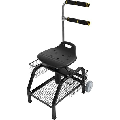 Strong Hand Tools Adjustable Height Swivel Mechanics Seat, Two Rolling Wheels, Garage Work Stool with Backrest, 360° Swivel, Tool Tray Storage, 220 LBS Capacity, Heavy Duty WRA100