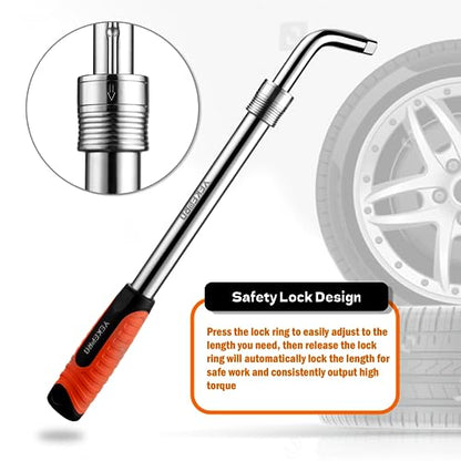 Extendable Lug Wrench with Flip Sockets, 4PCS Tire Tool Kit | Adjustable 15.2" to 20.7", Includes 17/19mm & 21/23mm CR-V Sockets & Storage Pouch - size: 20.7in(17/19mm,21/23mm)