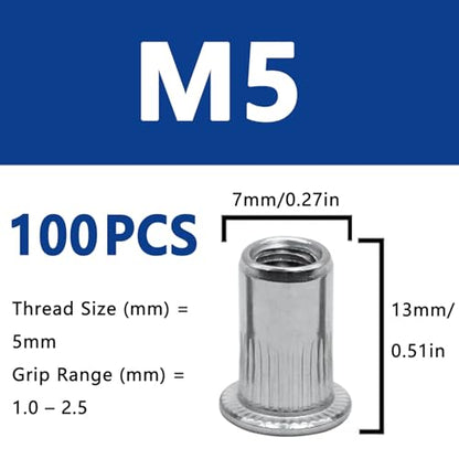 M5 Rivet Nuts, 100Pcs 304 Stainless Steel Flat Head Rivnut Threaded Insert Nutsert - color: Silver, size: M5