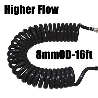 Air Blow Gun kit with 16ft Long 8mm OD Coil PU Air Hose Air Duster Blow Gun Kit (Black) - color: Black
