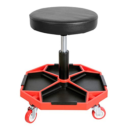 Torin ATRXF8308B Pneumatic Mechanic Stool/Rolling Shop Creeper Seat with Adjustable Height and 4 Removable Tool Trays, 300 lb Capacity, Black/Red