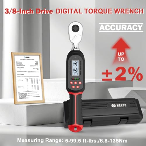 VANPO Digital Torque Wrench 3/8-Inch Drive, 5-99.5 ft-lb, for Motorcycle | 6.8-135Nm, ±2% Accuracy, Electronic Torque Wrench with Preset Value, Buzzer and LED Notification for Automotive & Bicycle - size: 5-99.5 ft-lbs/6.8-135Nm