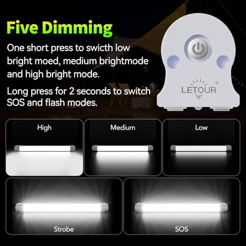 LETOUR Rechargeable Light LED Tube Magnetic Light 4000Lumens 5200mAh 5 Levels Dimming Camping Lantern USB Rechargeable Portable Lights with 2 Magnets Endurance for 60 Hours - size: 8.66in