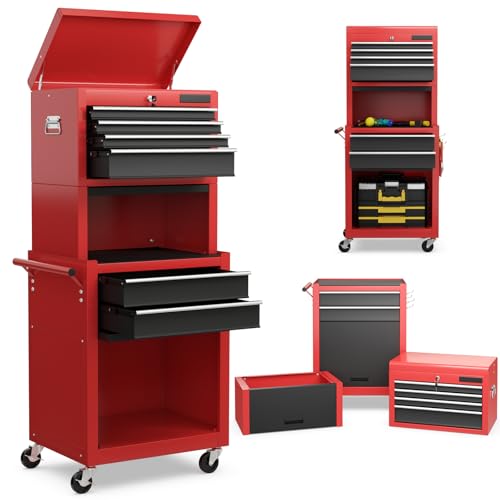 Goplus 6 Drawers Tool Chest, Rolling Metal Tool Box with Universal Wheels, Protective Liner, Detachable Top Toolbox, Auto Lock, 3-in-1 Large Tool Cabinet for Garage Shop Auto Repair - color: Red+black, style: Large 6 Drawers
