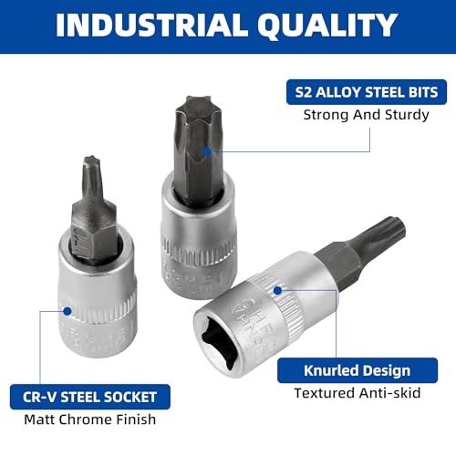 DAKCOS Torx Bit Socket Set, 1/4" Drive, 9 Pieces Star Bit Socket Set, T10 - T50, S2 Alloy Steel Bit and CR-V Drive Socket - style: 9PC 1/4"T10-50