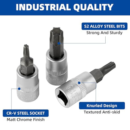 DAKCOS Torx Bit Socket Set, 1/4" Drive, 9 Pieces Star Bit Socket Set, T10 - T50, S2 Alloy Steel Bit and CR-V Drive Socket - style: 9PC 1/4"T10-50