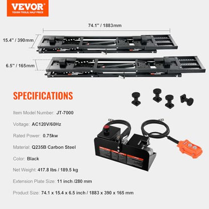 VEVOR Portable Car Lift - 7,000 LBS Capacity, 26.8" Max. Height, Heavy-Duty Carbon Steel Truck Lift with 120V Power Unit | 26.8" Max Height, Extended-Length Plates, Heavy-Duty Carbon Steel, 120V Power Unit, For Home Garage Shop