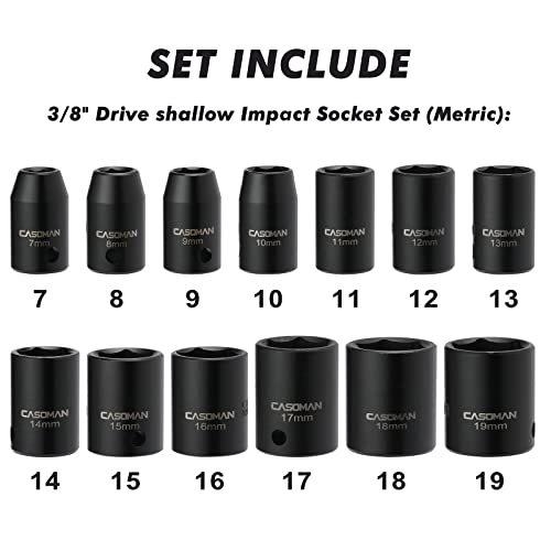 CASOMAN 13 Pieces 3/8-Inch Drive Impact Socket Set, 6-Point, Metric, Shallow, CR-V, 7mm to 19mm, Heavy Duty Blow Molded Storage Case - size: Shallow