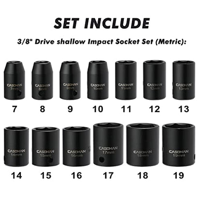 CASOMAN 13 Pieces 3/8-Inch Drive Impact Socket Set, 6-Point, Metric, Shallow, CR-V, 7mm to 19mm, Heavy Duty Blow Molded Storage Case - size: Shallow