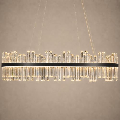 39.3'' Modern Black Crystal Chandelier - K9 Crystal LED Dimmable Chandeliers With Remote Control for Diningroom - Luxury Brass Adjustable Pendant Ceiling Light Fixture For Living Room Bedroom Entryway - color: Black, size: 39.3 Inch