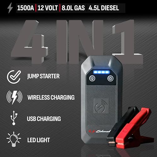 Schumacher Electric 12V Lithium Jump Starter & Power Pack - Portable 1500A Battery Jumper with 10W Wireless Charging, USBA/USBC Fast Charging & Multi-Mode LED Flashlight - 4-in-1 SL1674 - style: 1500A