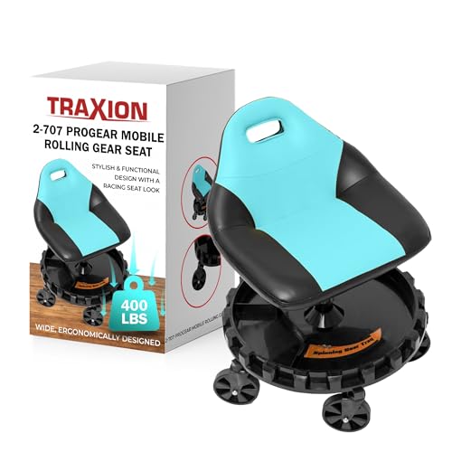 Traxion 2-707 Progear Mobile Rolling Gear Seat – Aqua Edition with Adjustable Height, Equipment Tray, and Five 5" All-Terrain Casters for Mechanics and Workshop Use - color: Aqua