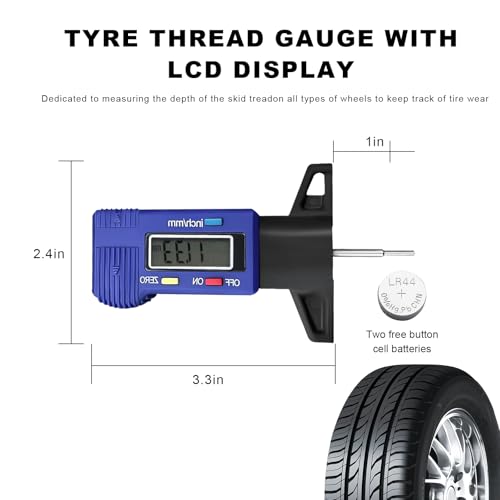 Digital Tire Tread Depth Gauge, 1 Inch/25.4 mm Metal Tread Depth Measurement with LCD Display, Accurate Zeroable Tire Depth Measuring Tool for Cars Trucks Vans SUVs (Blue) - color: Blue