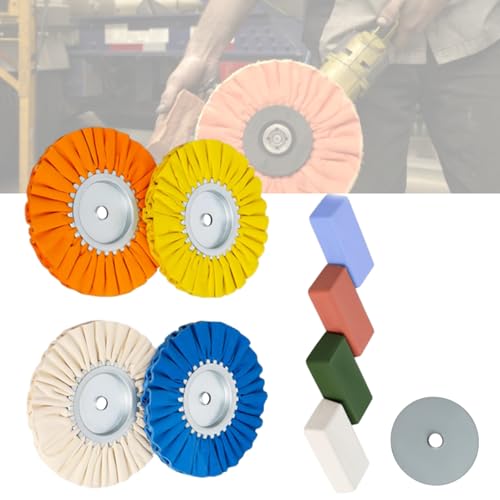 9 Pcs 8 Inch Airway Buffing Wheel Kit, 5/8 Inch Arbor for Angle Grinder | Includes 4 Density-Coded Wheels, 4 Solid Polishing Blocks and Safety Flange for Scratch Removal and Mirror Finishing on Metal