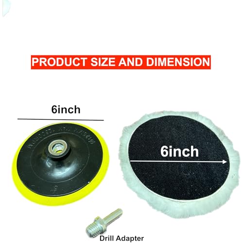 Lambswool Polishing Pads Sheepskin Buffing Pads, 7 Piece Set. Includes 5 Lambs Wool Cutting Pads with Hook, 1 Backing Plate and 1 Drill Attachment - Wool Buffs (6 Inch) - size: 6 Inch