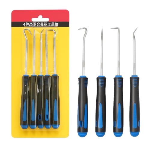 4 PCS Precision Pick and Hook Set, Heavy Duty Pick Set Mechanic Tools with Non-Slip Handle, for Automotive, O-Ring, Seal, Gasket Removal– Blue/Yellow/Red (Blue) - color: Blue