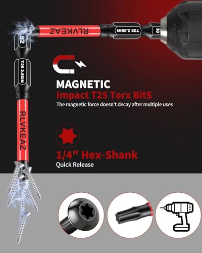 10-PCS T25 Torx Bits for Impact Driver, (1'' to 6'' Long) T-25 Star/Torx Bit Set, Premium Solid S2 Steel, Magnetic High-Torque, 1/4'' Hex-Shank for Auto Repair, Deck Building & DIY Projects - style: 10-PCS T25 Torx Bits 1'' to 6'' Long, T-25 Torx Bit Set
