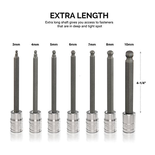 Neiko 10243A 3/8-Inch-Drive Extra-Long Ball-End Hex-Bit Socket Set, Metric Sockets 3/8" or 3 to 10 mm, S2 Steel, 7-Piece Set - size: 7 Piece, Ball-End, style: Metric