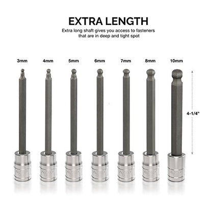 Neiko 10243A 3/8-Inch-Drive Extra-Long Ball-End Hex-Bit Socket Set, Metric Sockets 3/8" or 3 to 10 mm, S2 Steel, 7-Piece Set - size: 7 Piece, Ball-End, style: Metric
