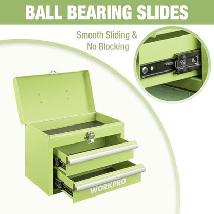 WORKPRO Portable Mini Tool Box, 2 Drawers Metal Tool Chest with Ball Bearing Slides, Top Storagewith Latch, Ergonomic Carrying Handle, Mechanic Toolbox with PVC Liners and PP Feet Pads - color: Macaron Green