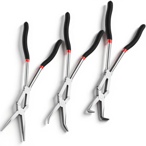 3 Pack 13 Inch Long Reach Needle Nose Pliers Set, Double Rivet with Straight 45° 90° Bent Tips for Automotive Hose Removal, Engine Repair and Tight Spaces
