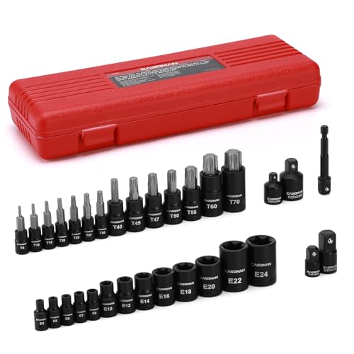 CASOMAN 32-Piece Torx Bit Socket and Female External Socket Set, 14 Star Bits (T8- T70) and 13 Female E-Torx Sockets (E4-E24), Include 5 Impact Socket Adapter - size: 32-Piece (T8-T70 & E4-E24)