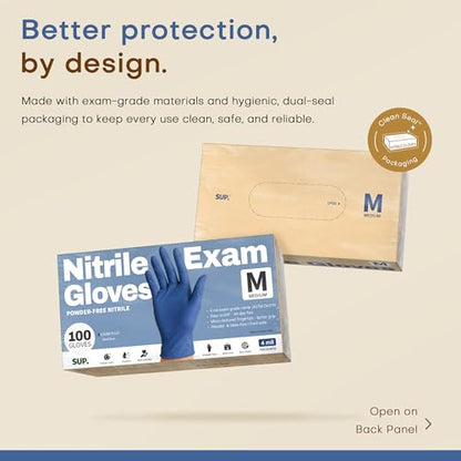 SUP Powder-Free Nitrile Exam Gloves, Food Safe Latex-Free Medical Non-Sterile Cooking Disposable Glove, Blue 100/1000 Count - color: Medium (Med Blue 1000)