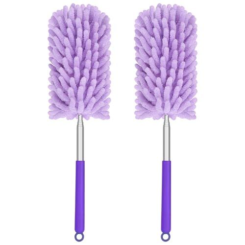 Mini Duster for Cleaning, 360° Bendable Hand Dusters with Extension Pole, Washable Small Duster for Car Interior, Office, Furniture - color: 2 Pack Purple